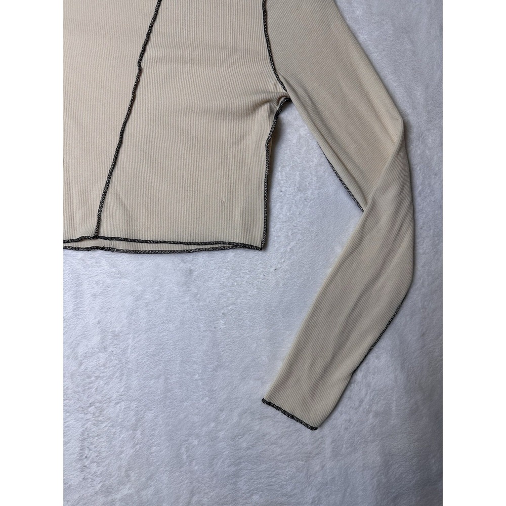 Princess Polly Crop Top Womens 4 Waffle Knit Off White Long Sleeve Black Trim - Picture 10 of 12